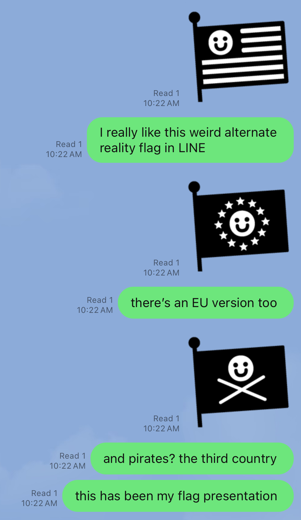 three LINE flag stickers that mimic the US flag, the EU flag, and a skull and crossbones but with a smiley face inserted