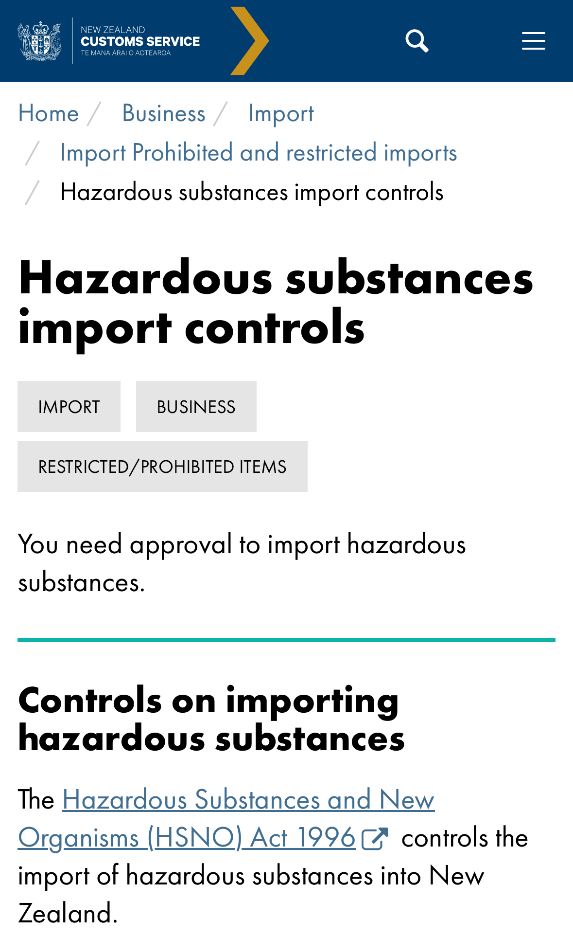 A page from the New Zealand Customs Service reading “Controls on importing hazardous substances: The Hazardous Substances and New Organisms (HSNO) Act 1996 & controls the import of hazardous substances into New Zealand”