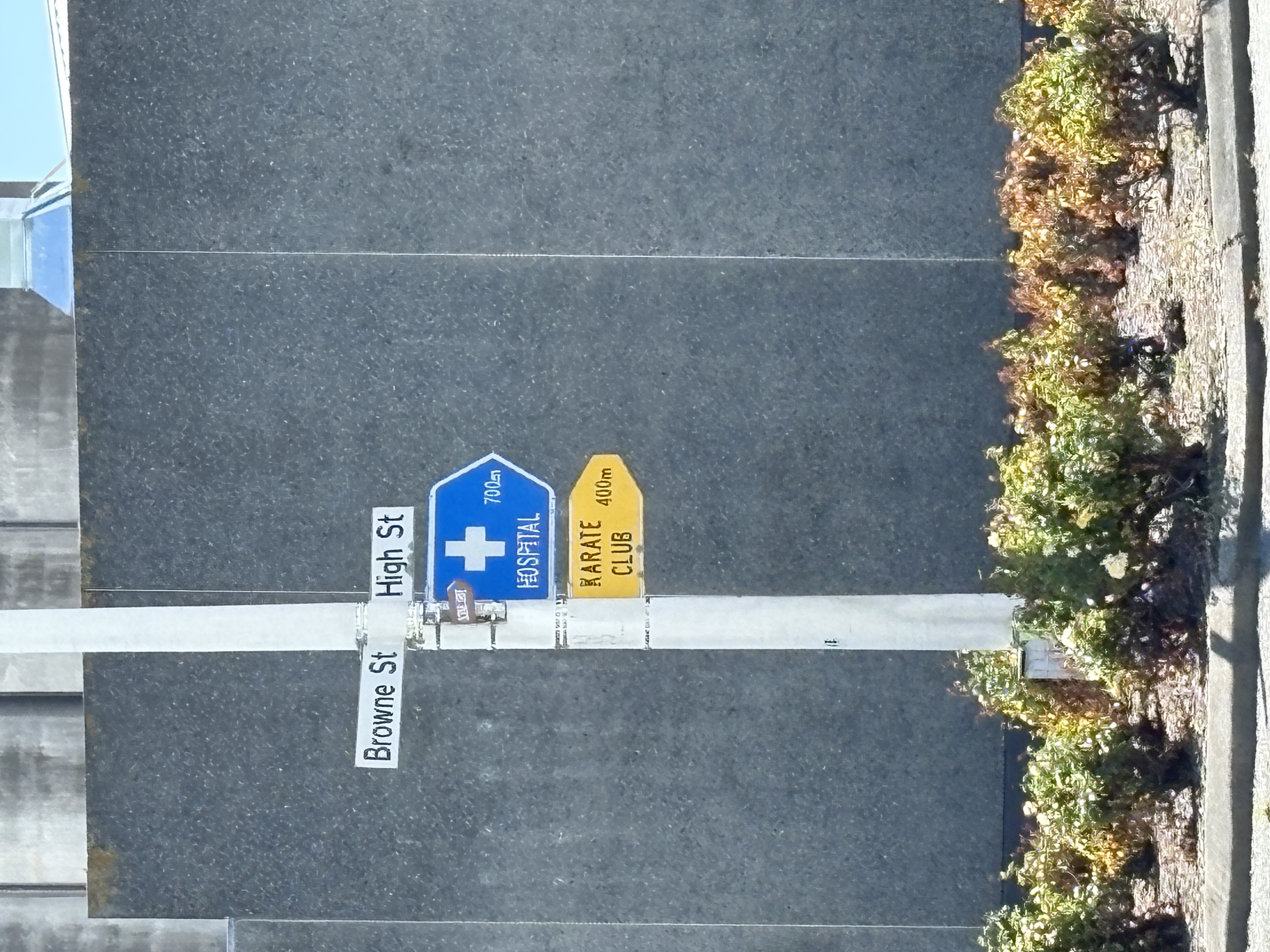 two signs attached to a light pole, one reads “KARATE CLUB 400m”, the other “HOSPITAL 700m”